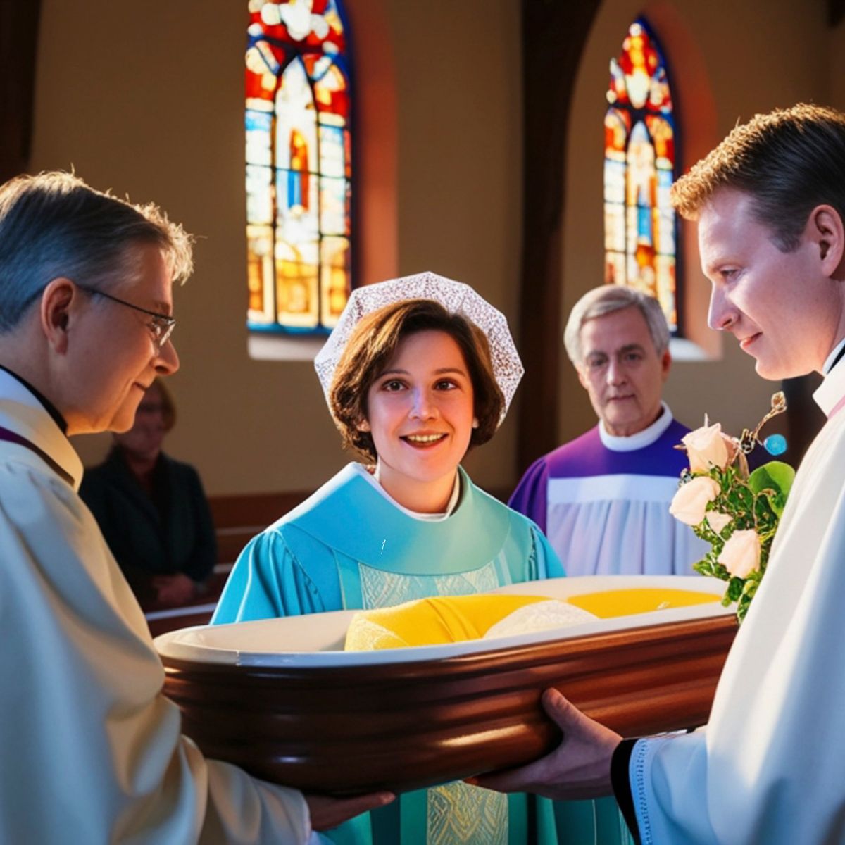 family and priests sharing baby dedication