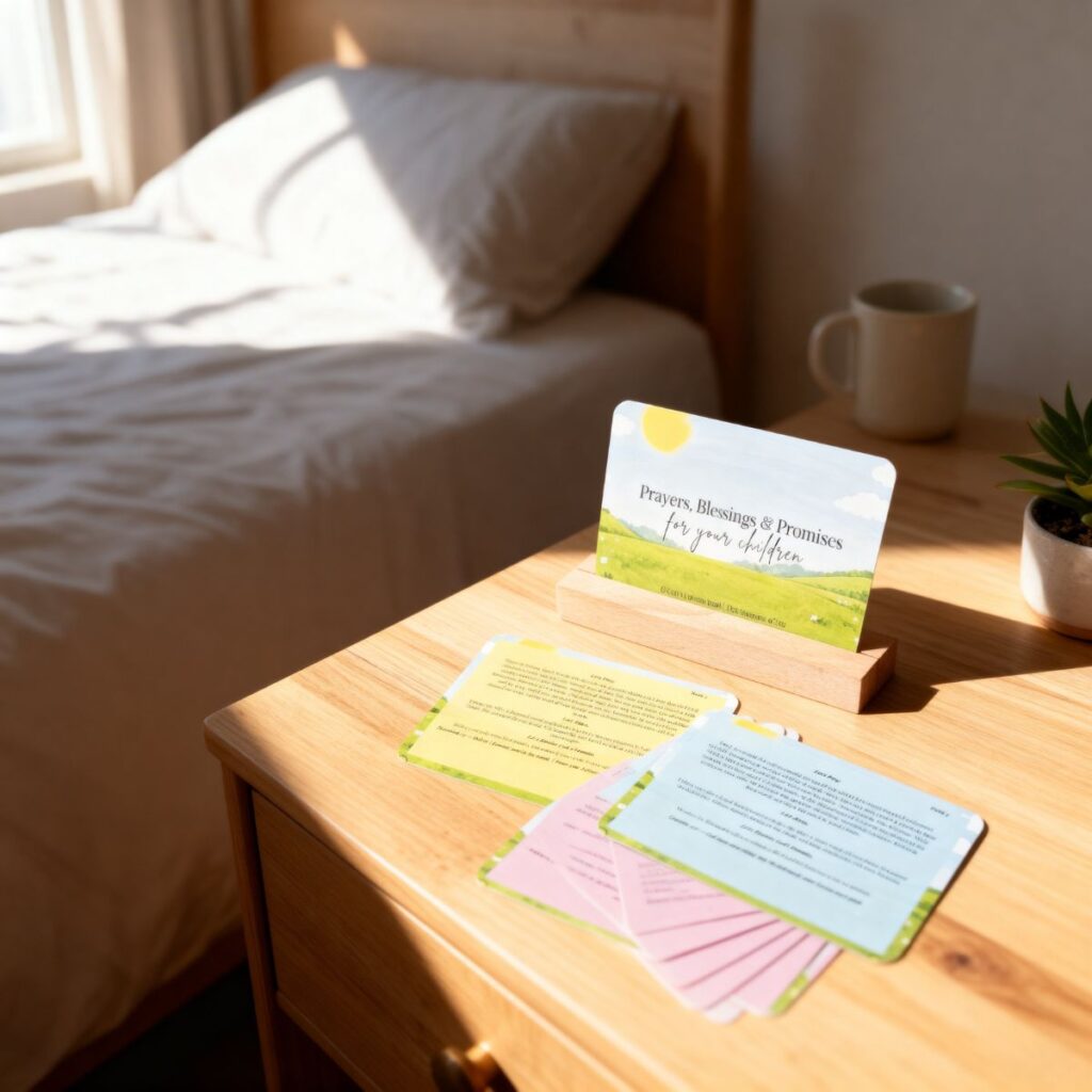 christian baby prayer cards on table